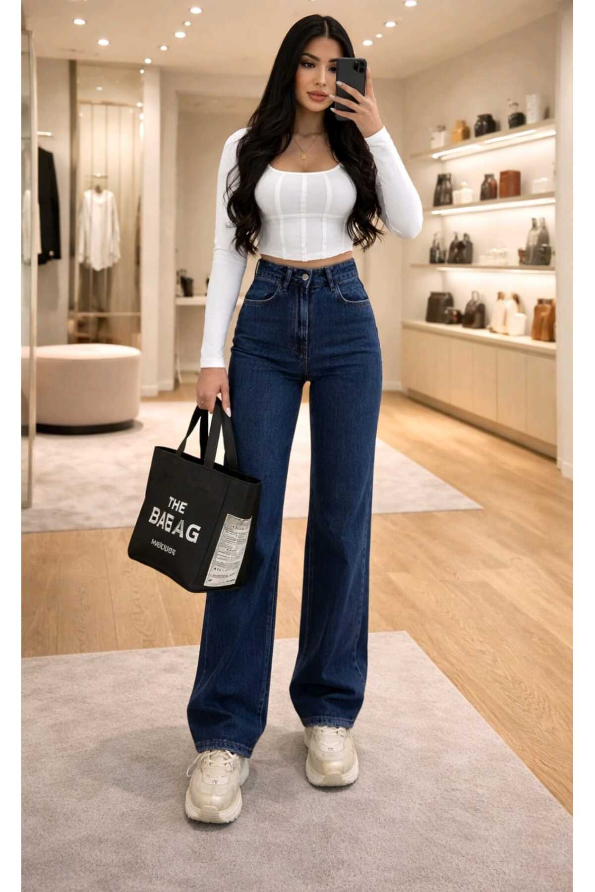 Ramrod  Cristina Kadın Koyu Mavi Likralı Süper Yüksek Bel Salaş Jeans Palazzo Pantolon Wide Leg