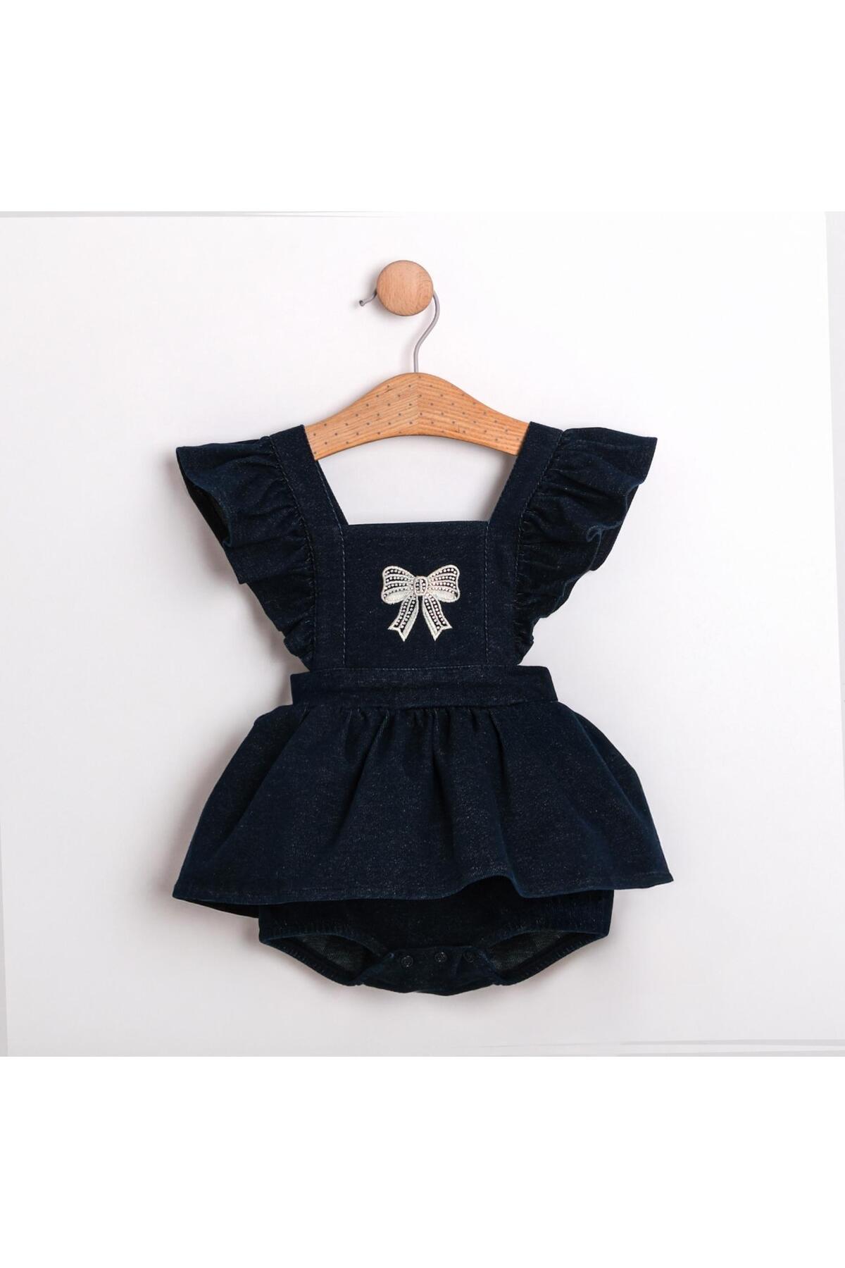 ministok Cudi Fırfırlı Salopet Etekli Tulum ve Uzun Kollu Blüzlü Kız Bebek Esnek Denim Takım fotoğrafı 4 (önizleme)