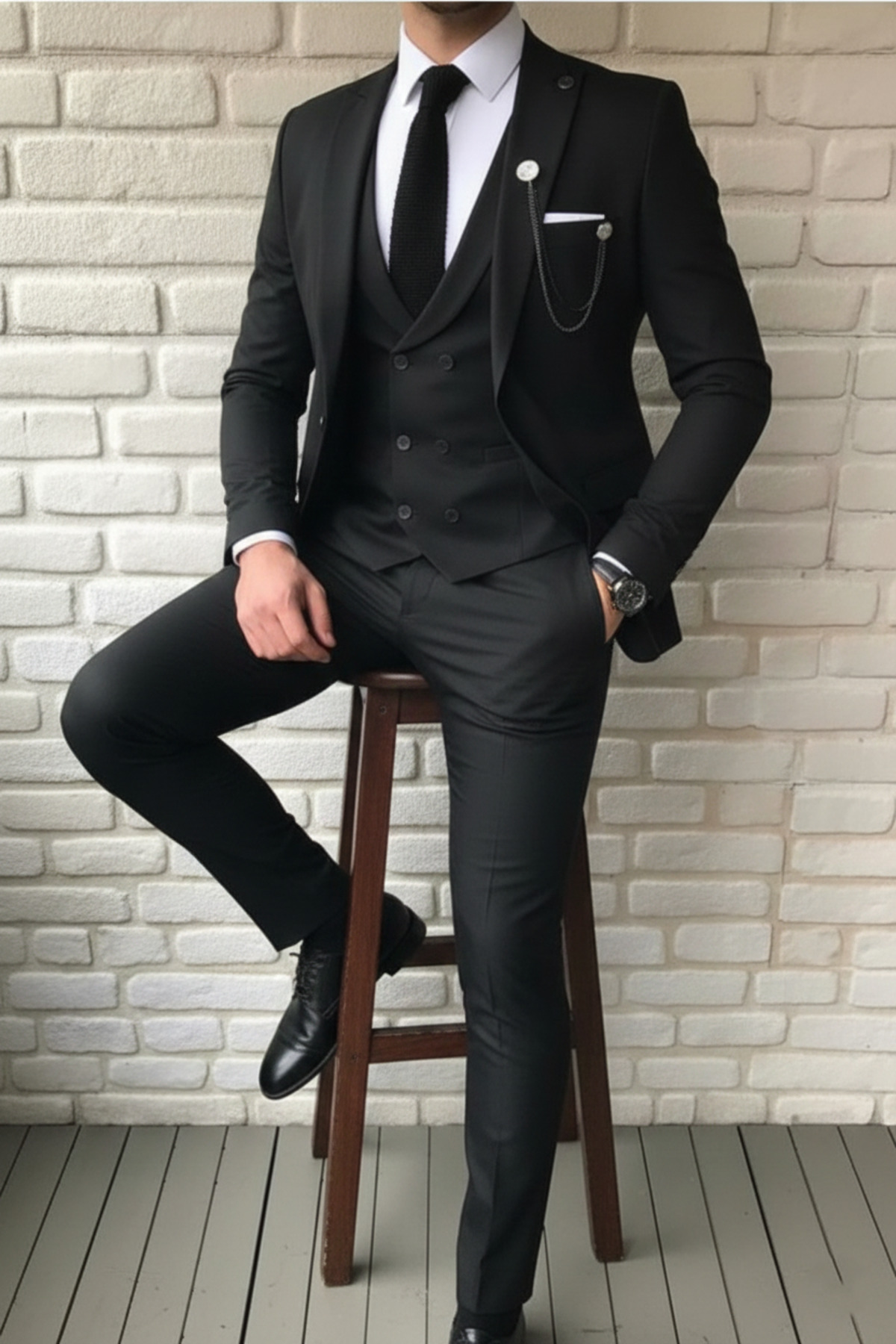 MY VİNTAGE  Siyah Dar Kesim Slim Fit Takım Elbise ( Kravat Mendil Ve Yaka Süsü Hediye ). - Görsel 6