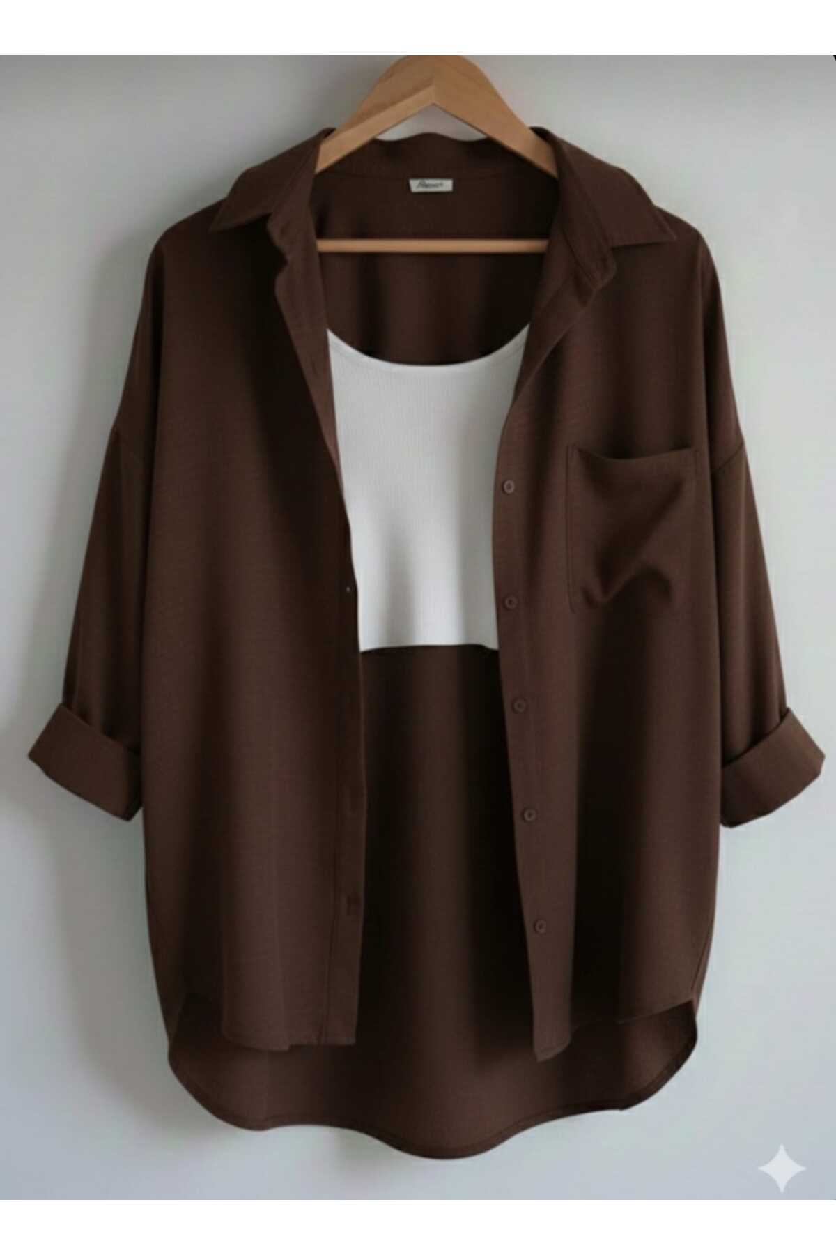 blackbonds  Kadın Keten kahverengi Gömlek Yazlık Oversize Gömlek Yeni Sezon