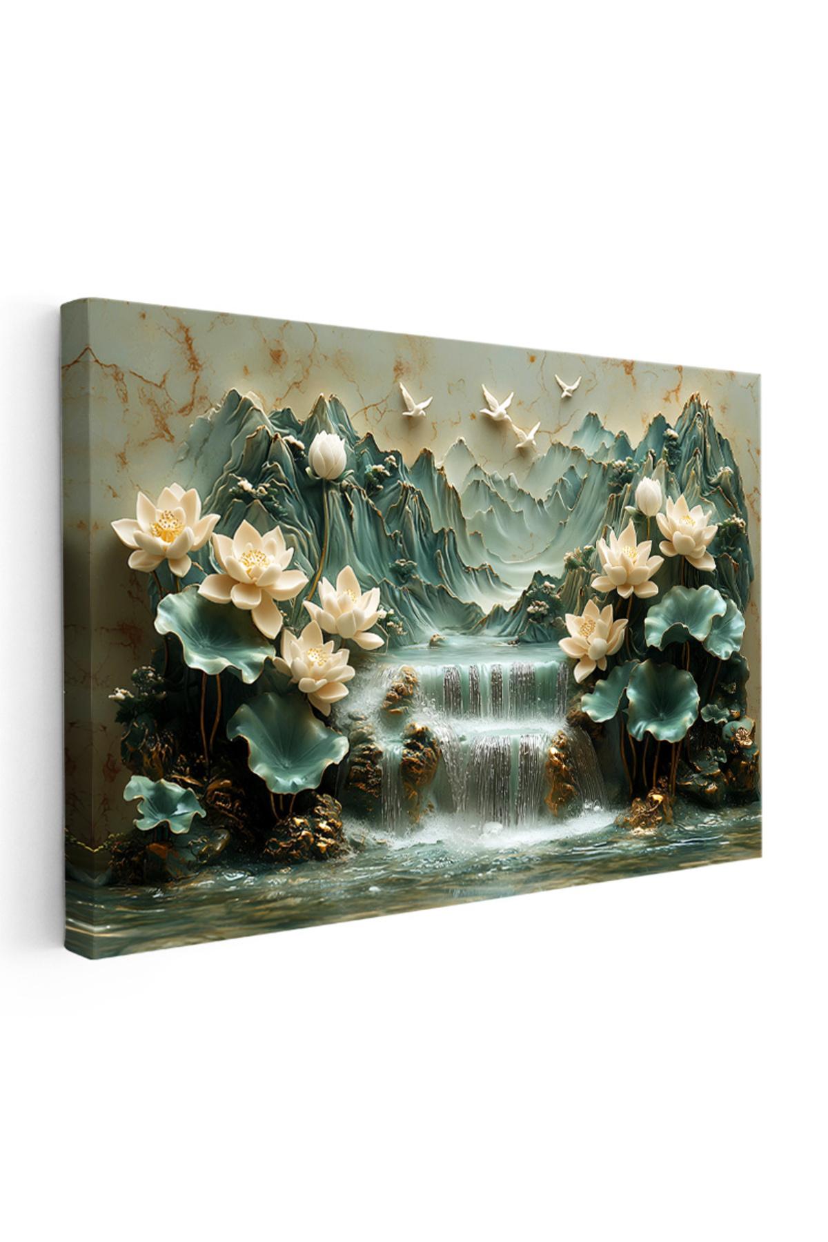 Lotus Paradise - Embossed Lotus Canvas with Waterfall View Painting
