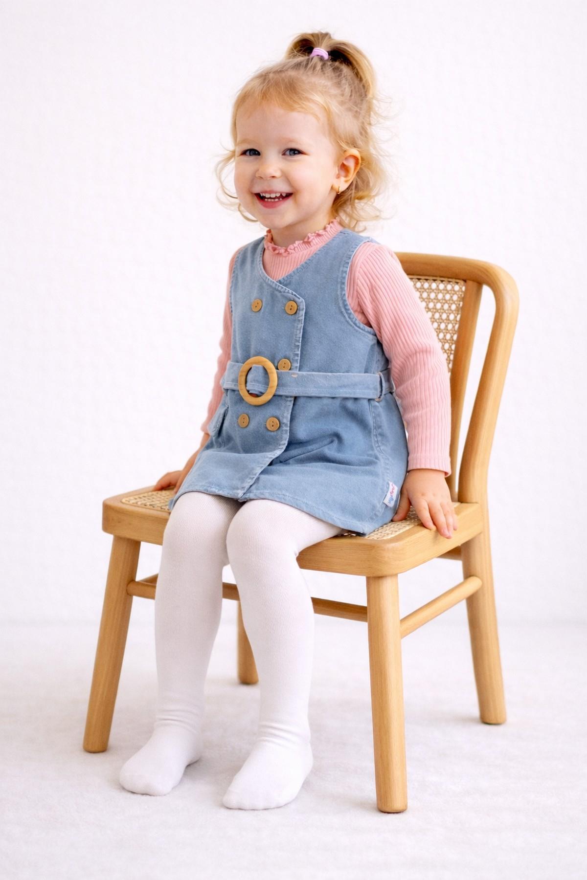 dinamik çocuk Kız Bebek/Çocuk Kruvaze Ahşap Düğme Detaylı Kemerli Kot Jile Elbise+Uzun Kollu Badili 2li Takım Mevs fotoğrafı 3 (önizleme)