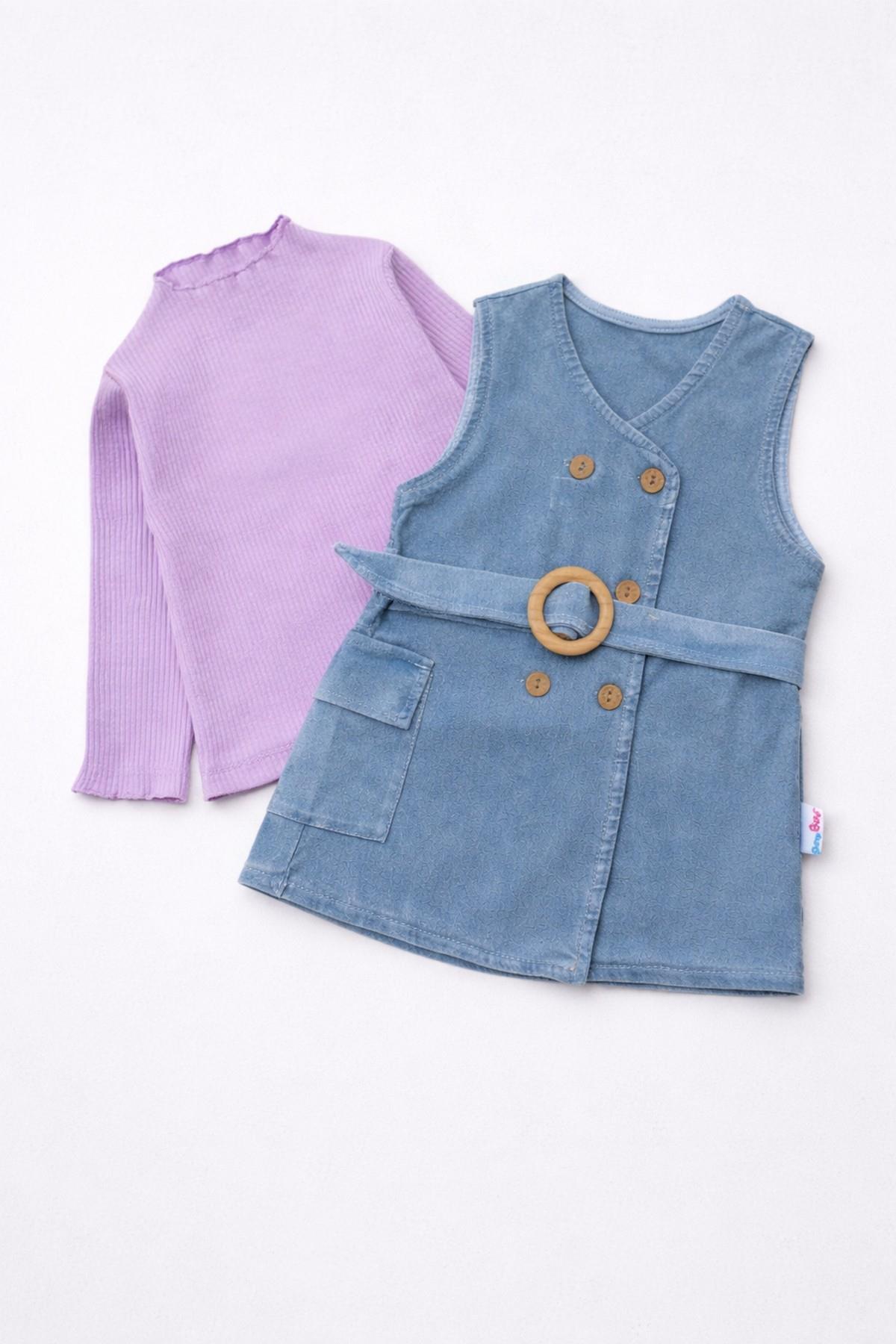 dinamik çocuk Kız Bebek/Çocuk Kruvaze Ahşap Düğme Detaylı Kemerli Kot Jile Elbise+Uzun Kollu Badili 2li Takım Mevs fotoğrafı 4 (önizleme)