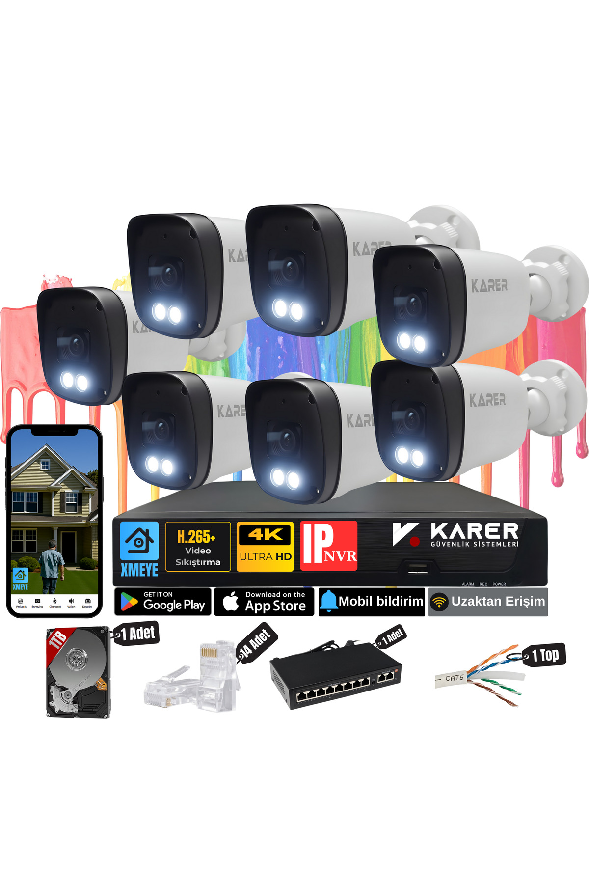 7 KAMERALI PRO 5MP IP POELİ-SESLİ-RENKLİ GECE GÖRÜŞ- İNSAN ve PLAKA ALGILAMALI GÜVENLİK SETİ