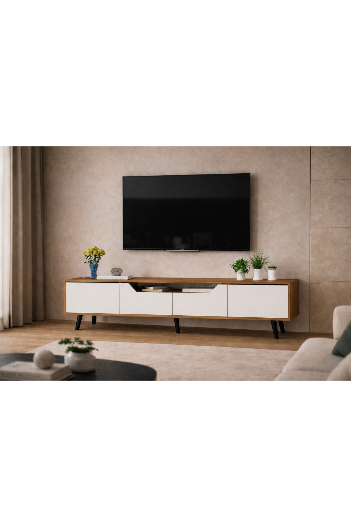 Roman Wooden Leg TV Unit TV Stand Walnut-White