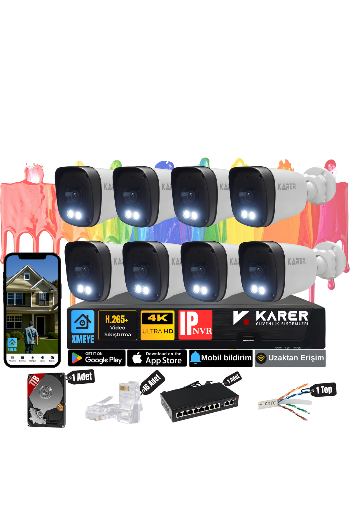 8 KAMERALI PRO 5MP IP POELİ-SESLİ-RENKLİ GECE GÖRÜŞ- İNSAN ve PLAKA ALGILAMALI GÜVENLİK SETİ