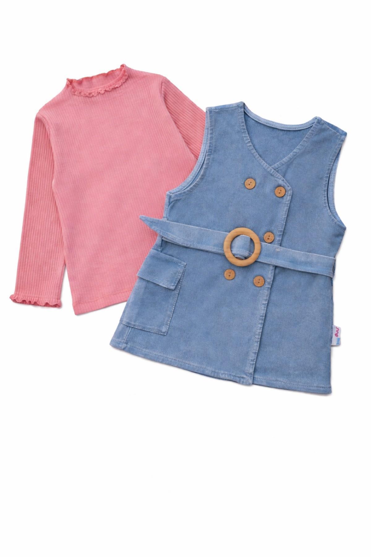 dinamik çocuk Kız Bebek/Çocuk Kruvaze Ahşap Düğme Detaylı Kemerli Kot Jile Elbise+Uzun Kollu Badili 2li Takım Mevs fotoğrafı 4 (önizleme)