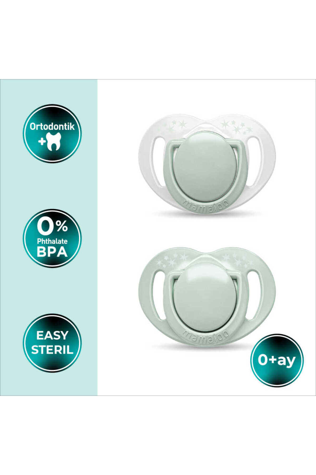 Mamajoo Ortodontik Emzik Seti 0 Ay+ Powder Green | İkili, Silikon, Damaklı | Sterilizasyon & Saklama fotoğrafı 2 (önizleme)