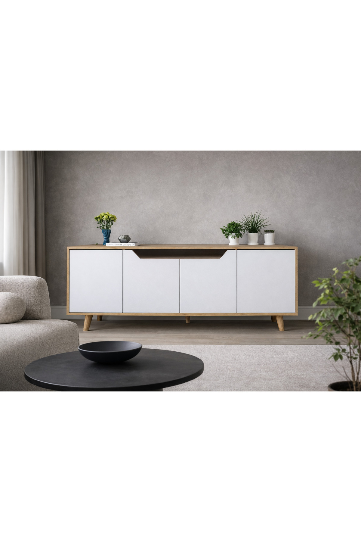 Modern Console with Roman Wooden Legs Sapphire Oak - White
