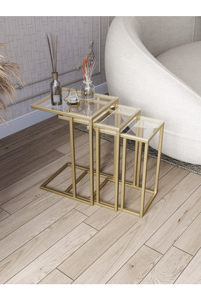 Dekoport Mira 3lü Zigon Sehpa Gold (ESKİTME) C Sehpa - Yan Sehpa Şeffaf Cam