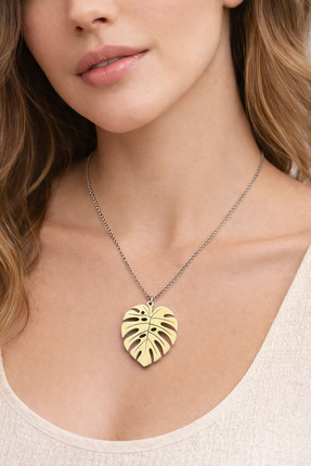 Mualla Collection 925 Ayar Gümüş Monstera Yaprak Kolye – Altın Kaplama & Gümü...