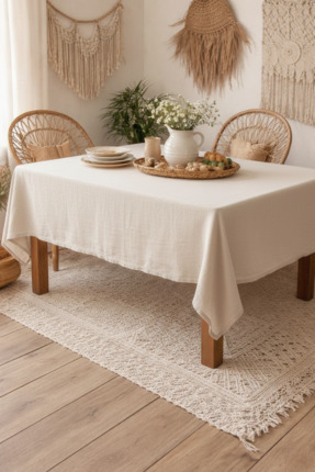 Soft Kare ORGANİK NATURAL VİNTAGE KETEN BEJ MASA ÖRTÜSÜ