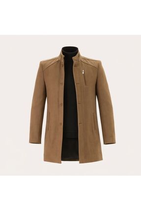 RUVEN TEKSTİL Ezel Dik Yaka Göğüs fermuarlı Slim fit Erkek Kaşe Kaban19-12