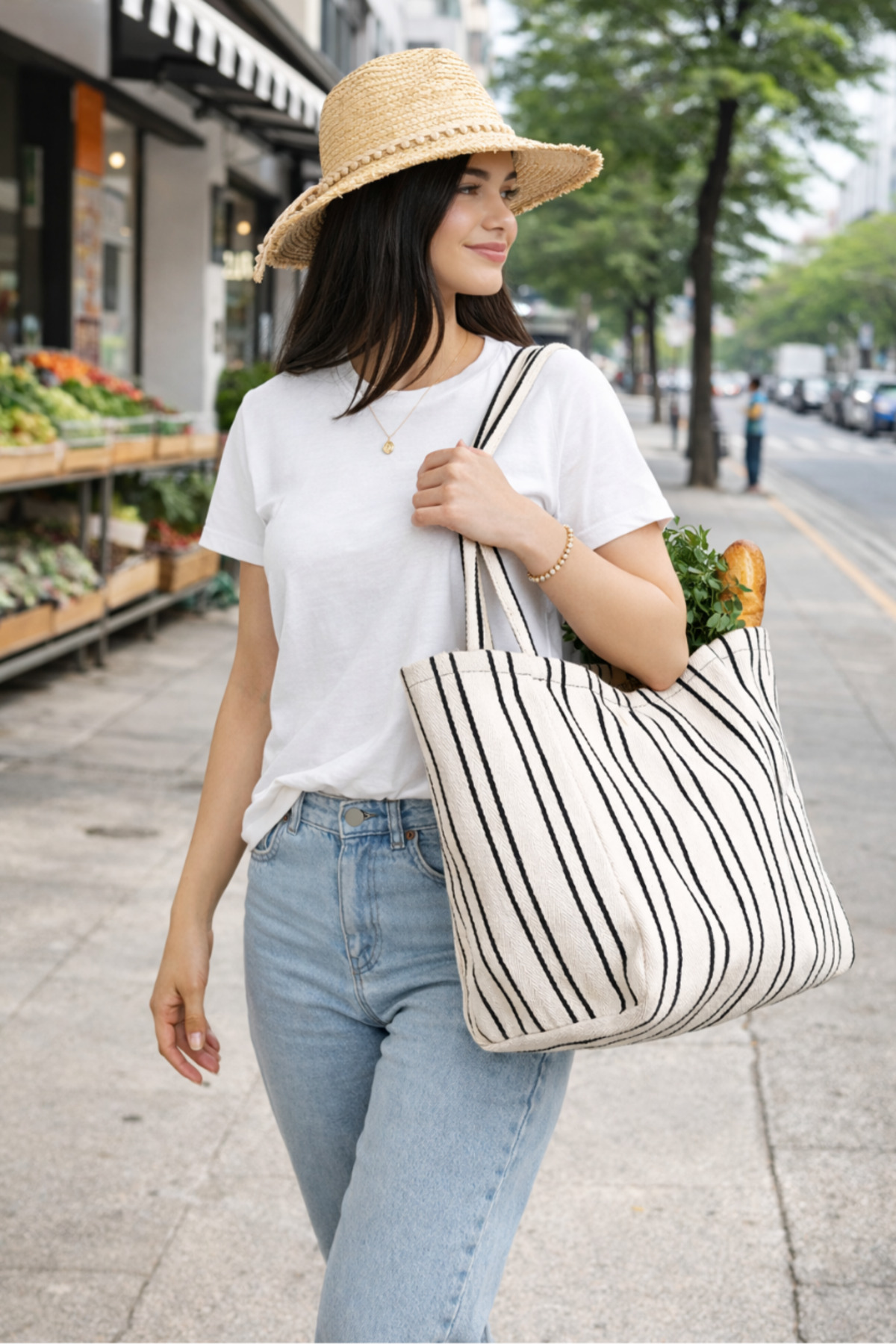 Woys Bags Woys Siyah Çizgili Desen Dokuma Plaj Çantası görsel 5