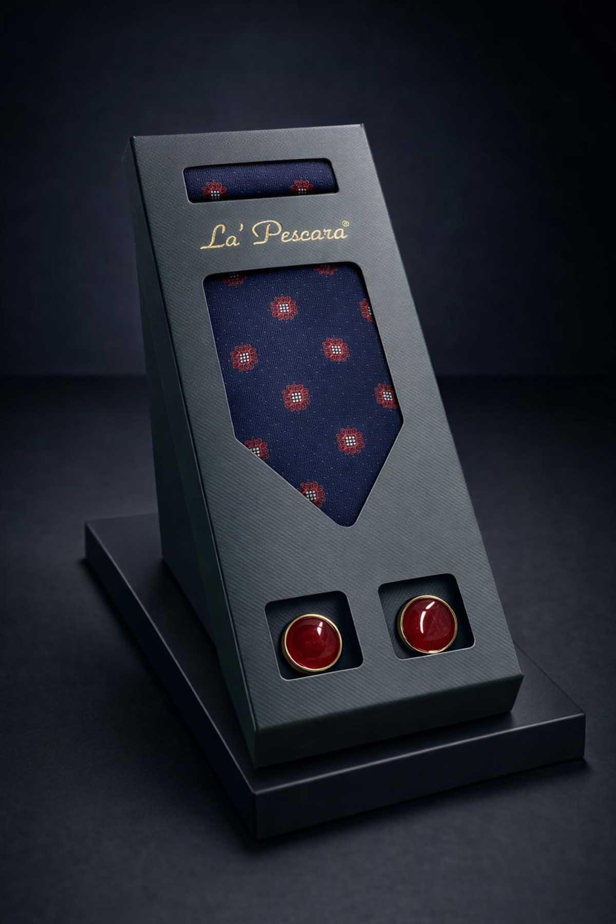  ست هدیه مردانه دکمه سرآستین کلاسیک سرمه‌ای مدل مربع جیب‌دار آبی نفتی OS596