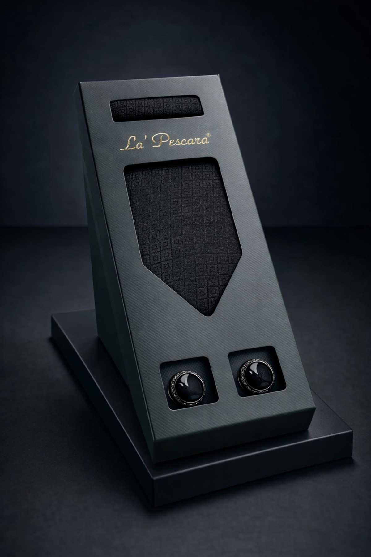  ست هدیه مردانه کراوات و دکمه سرآستین کلاسیک با دستمال مشکی OS599