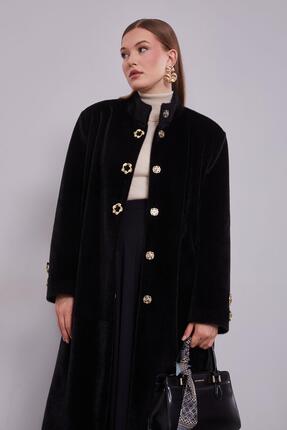 Levidor Siyah Gold Aksesuar Detaylı Kürk Kaban