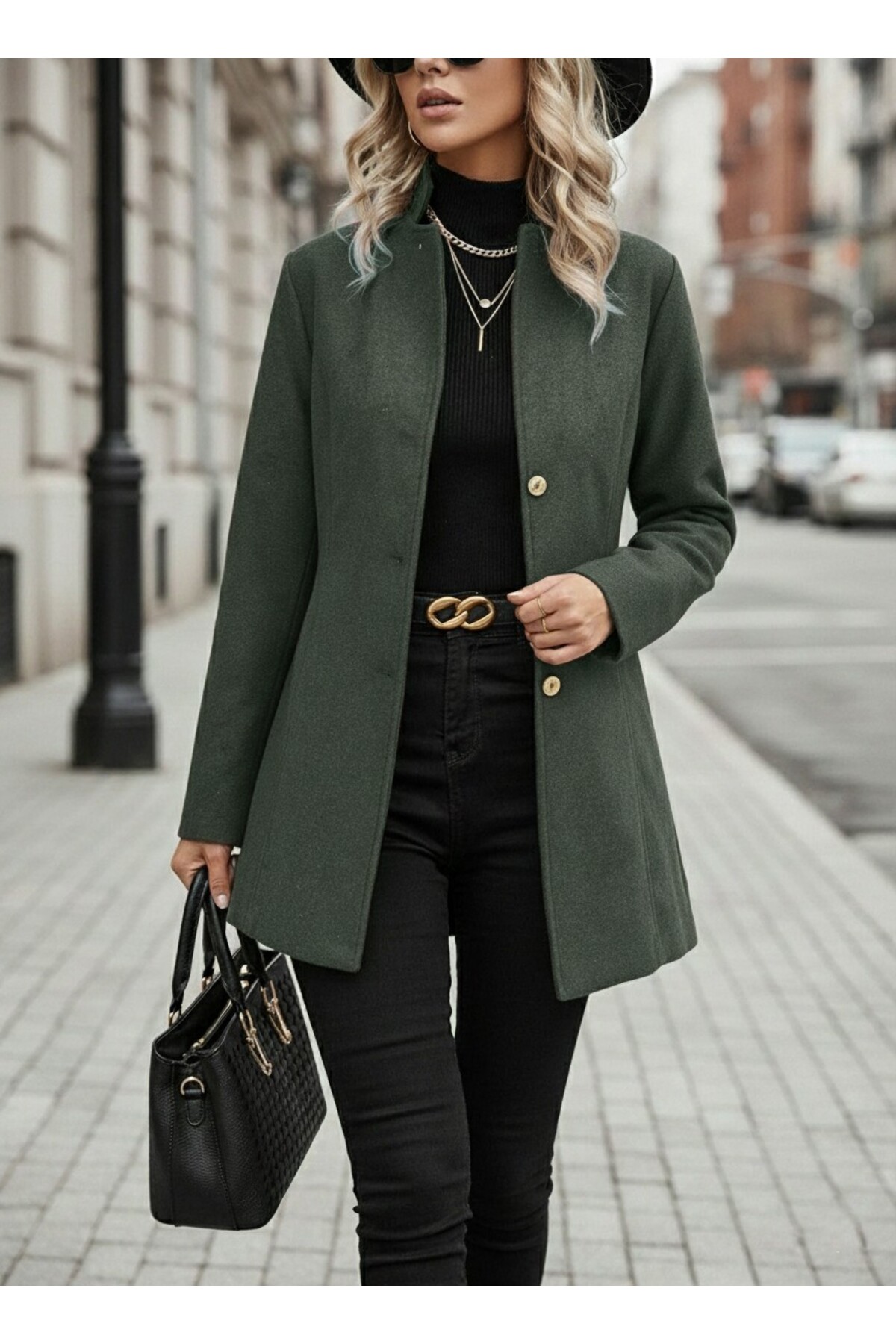 Barbora  Tasarım Yaka Haki Kaşe Kaban