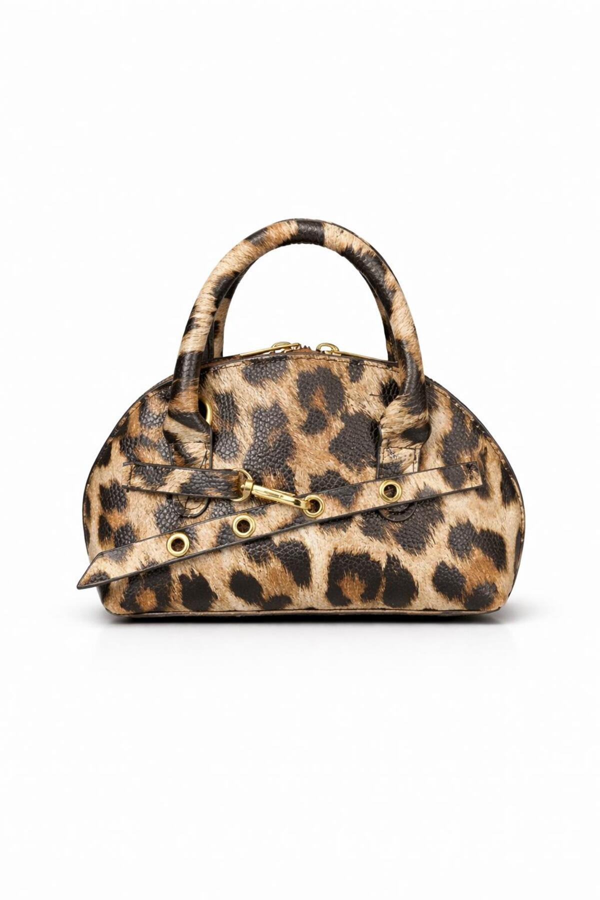 Zealous Leopar fermuarlı oval mini el ve omuz çantası