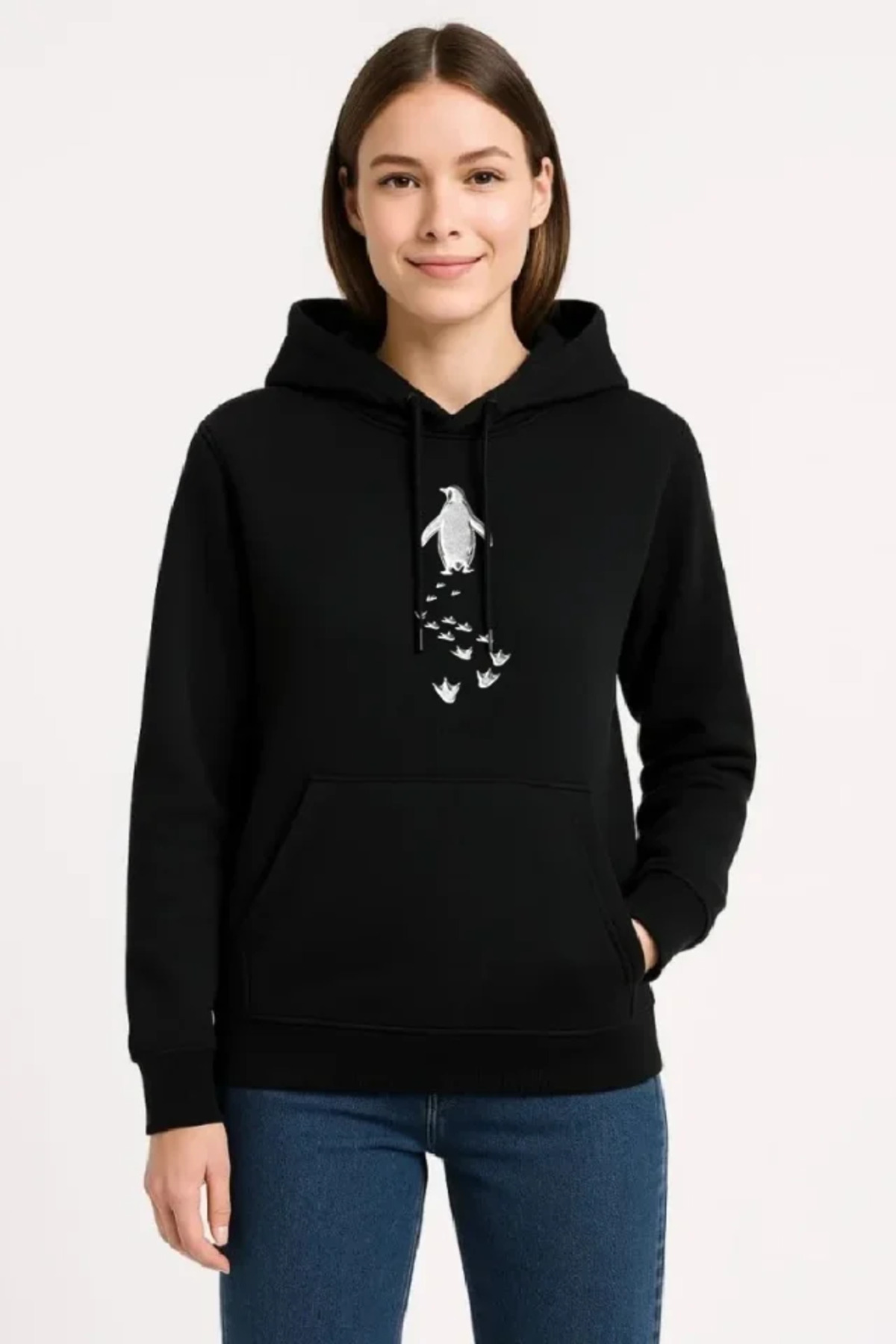 Nihilist Penguen Temalı Oversize Kapüşonlu Sweatshirt - Siyah