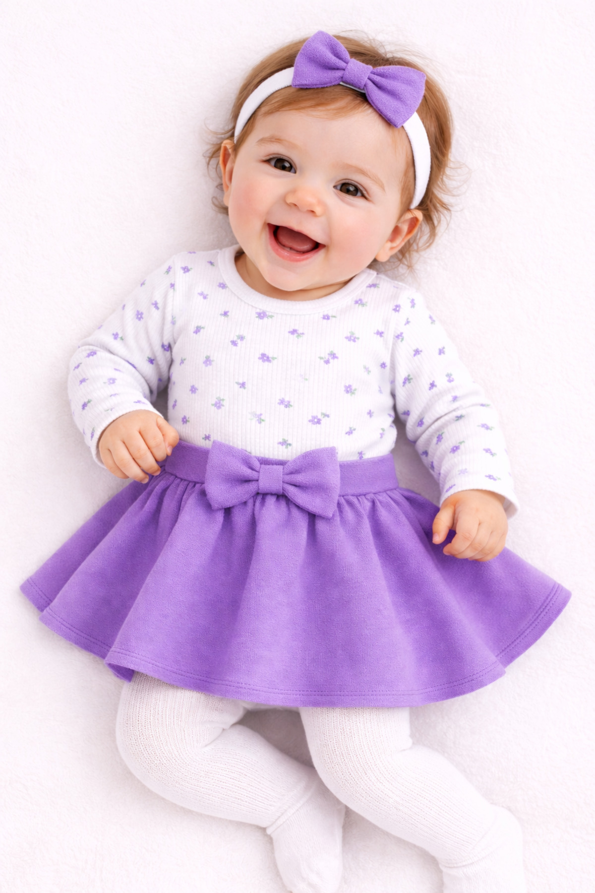 bebekpare Kız Bebek Fiyonklu Etek Bluz & Bandana Takım – %100 Pamuk Mor fotoğrafı 2 (önizleme)