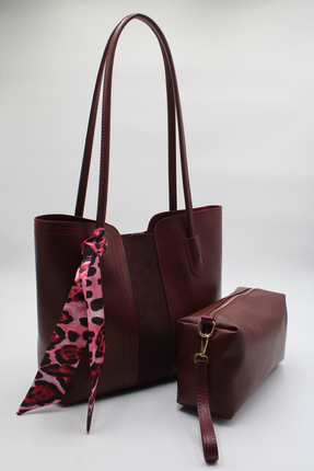 LASSO Kadın Bordo Deri Büyük Boy Fular Detaylı Yavrulu El, Kol ve Omuz Çantası