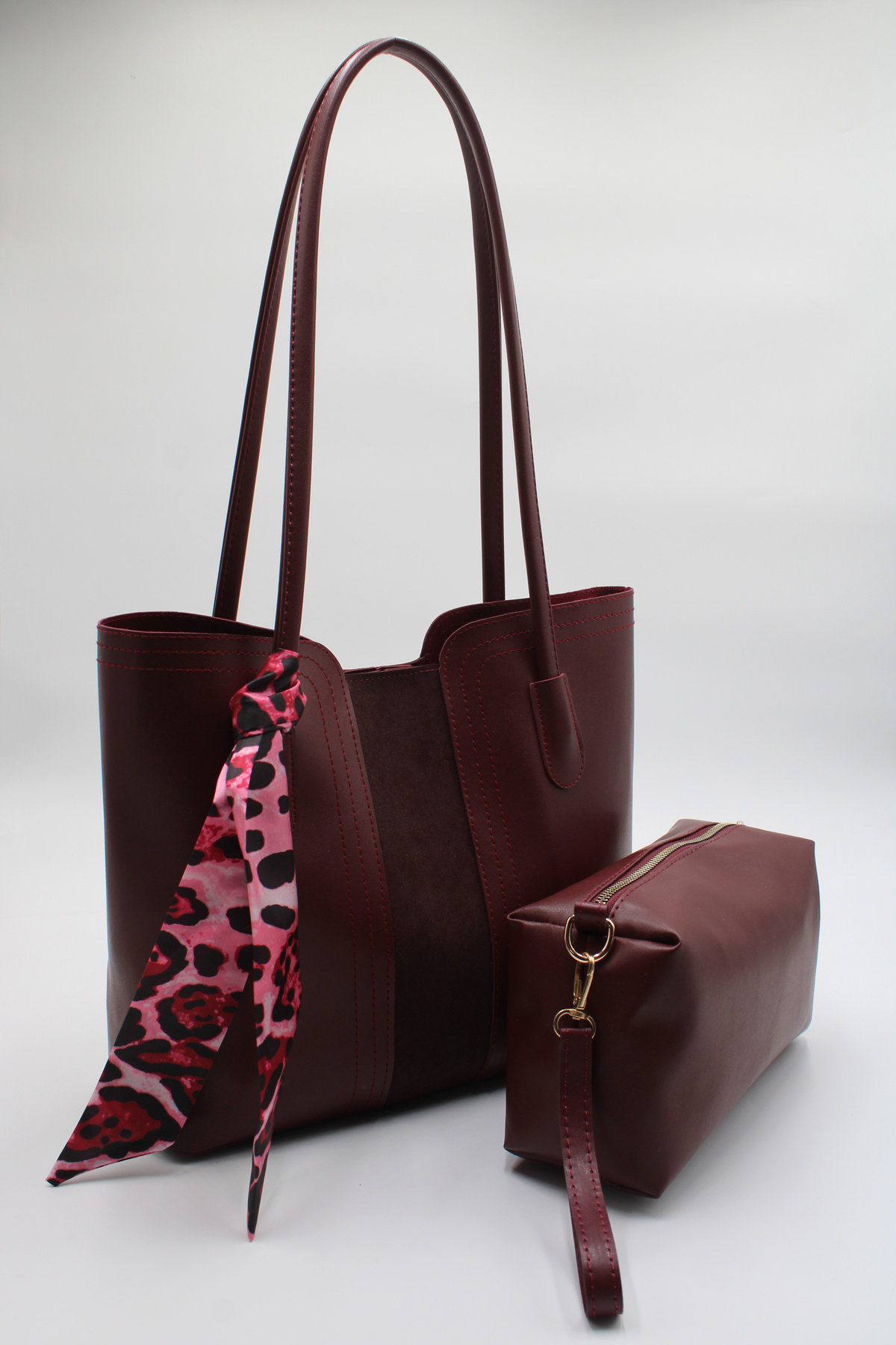 Women's Claret Red Leather Oversized Scarf Detailed Puppy Hand, Sleeve and Shoulder Bag