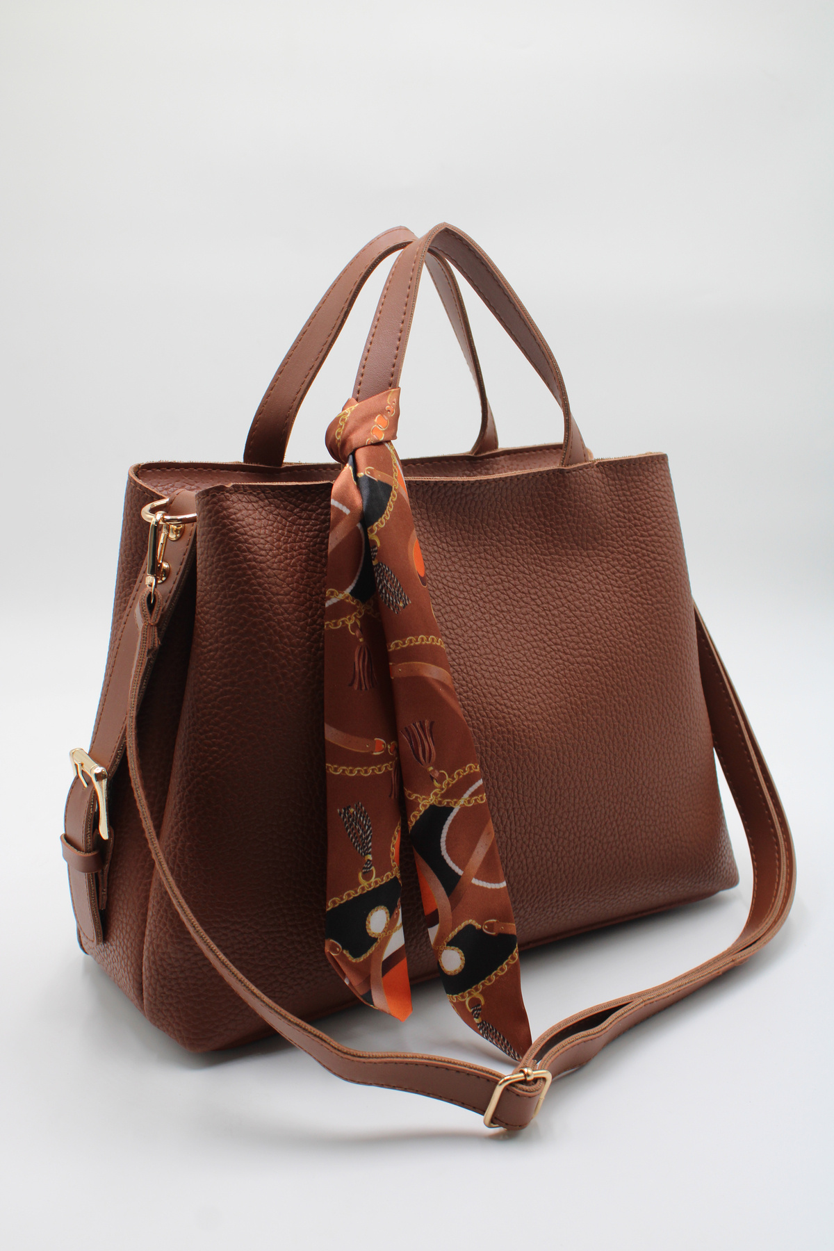 Women's Tan Double Handle Scarf Detailed Crossbody Hand and Shoulder Bag with Oversized Inner Pockets