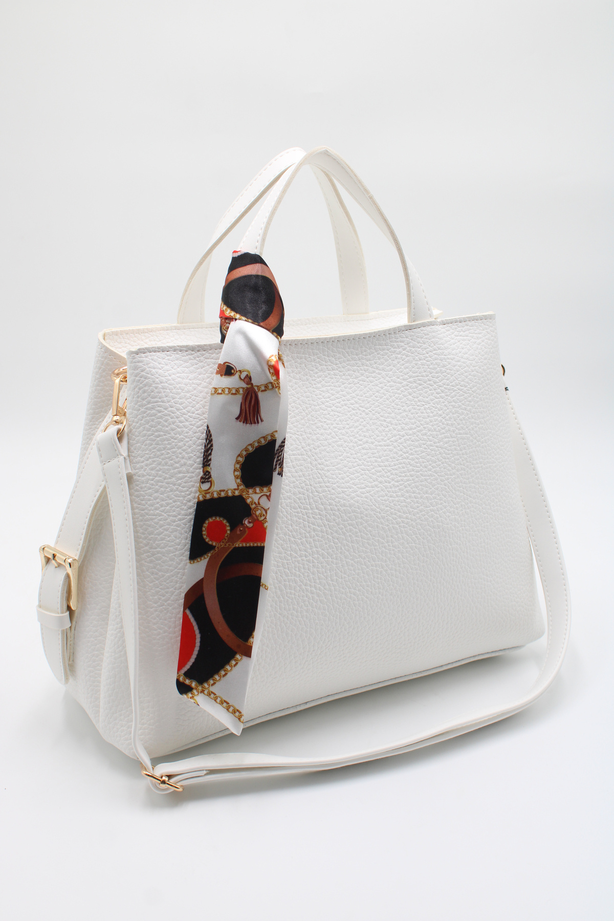 Women's White Large Size Double Handle Scarf with Inner Pockets Hand and Shoulder Bag with Handy Cross Strap