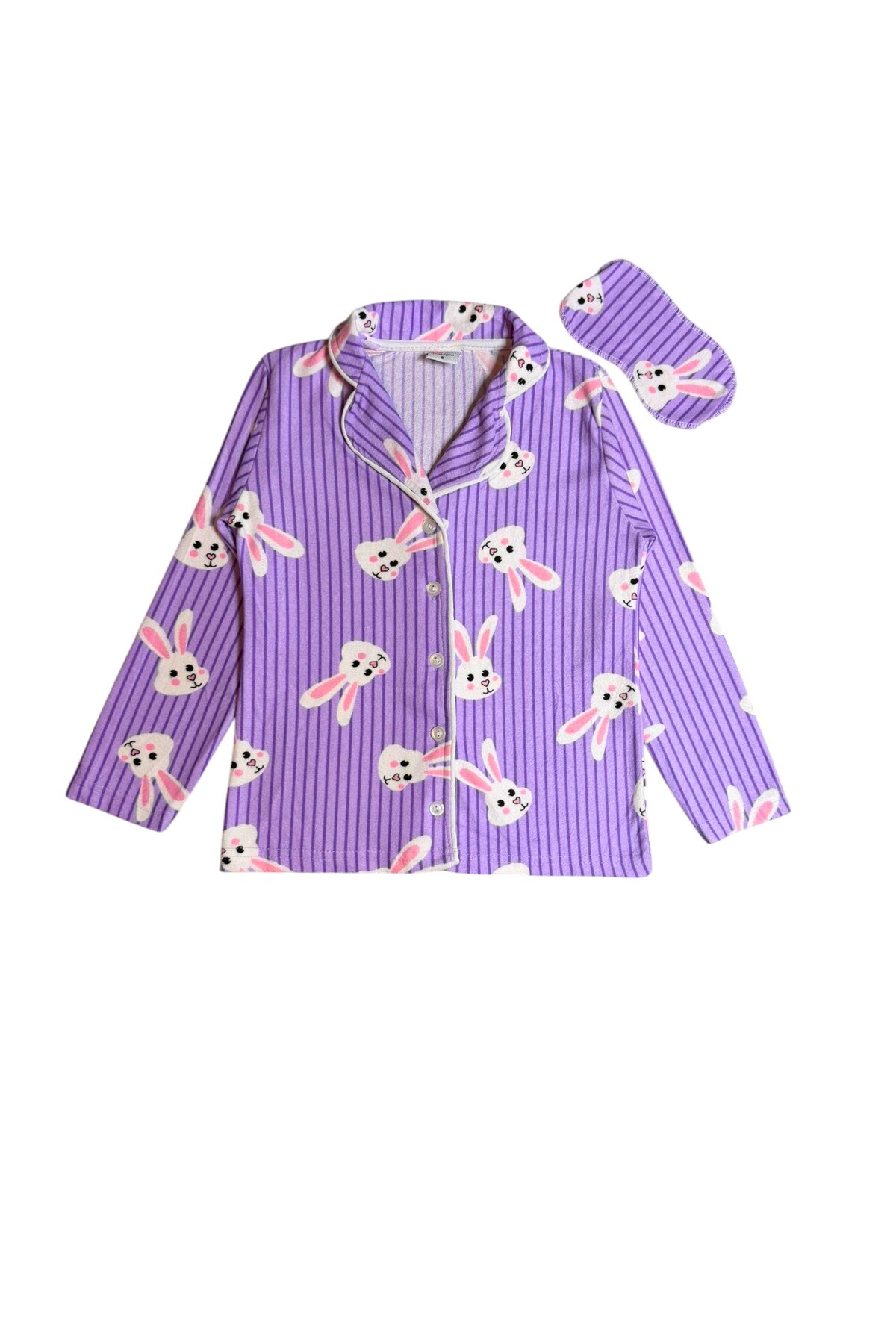 Fil Kids Kız Çocuk Pamuklu Süet Kumaş Lila Tavşan Desenli Uyku Bantlı Gömlek Yaka Düğmeli Pijama Takımı fotoğrafı 4 (önizleme)