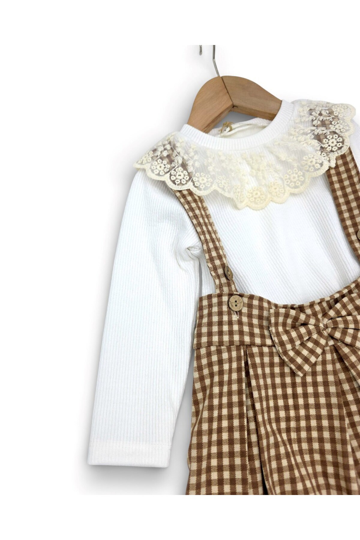 Ege Bebek Kız Çocuk Ekose Salopet Elbise Takımı – Dantelli Uzun Kollu Bluzlu, Askılı Etek Kombin (2-9 Yaş) fotoğrafı 4 (önizleme)