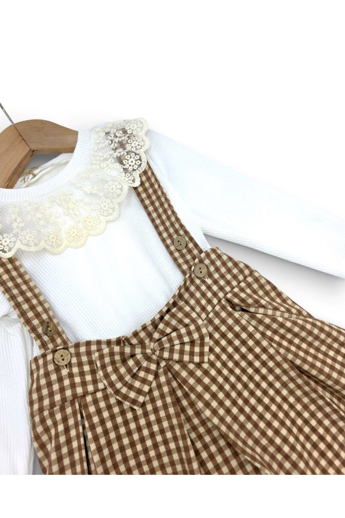 Ege Bebek Kız Çocuk Ekose Salopet Elbise Takımı – Dantelli Uzun Kollu Bluzlu, Askılı Etek Kombin (2-9 Yaş) fotoğrafı 5 (önizleme)