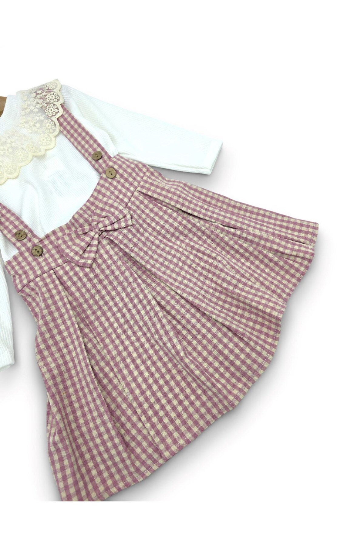 Ege Bebek Kız Çocuk Ekose Salopet Elbise Takımı – Dantelli Uzun Kollu Bluzlu, Askılı Etek Kombin (2-9 Yaş) fotoğrafı 6 (önizleme)