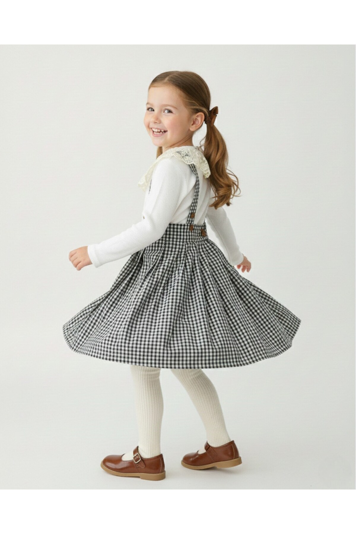 Ege Bebek Kız Çocuk Ekose Salopet Elbise Takımı – Dantelli Uzun Kollu Bluzlu, Askılı Etek Kombin (2-9 Yaş) fotoğrafı 2 (önizleme)