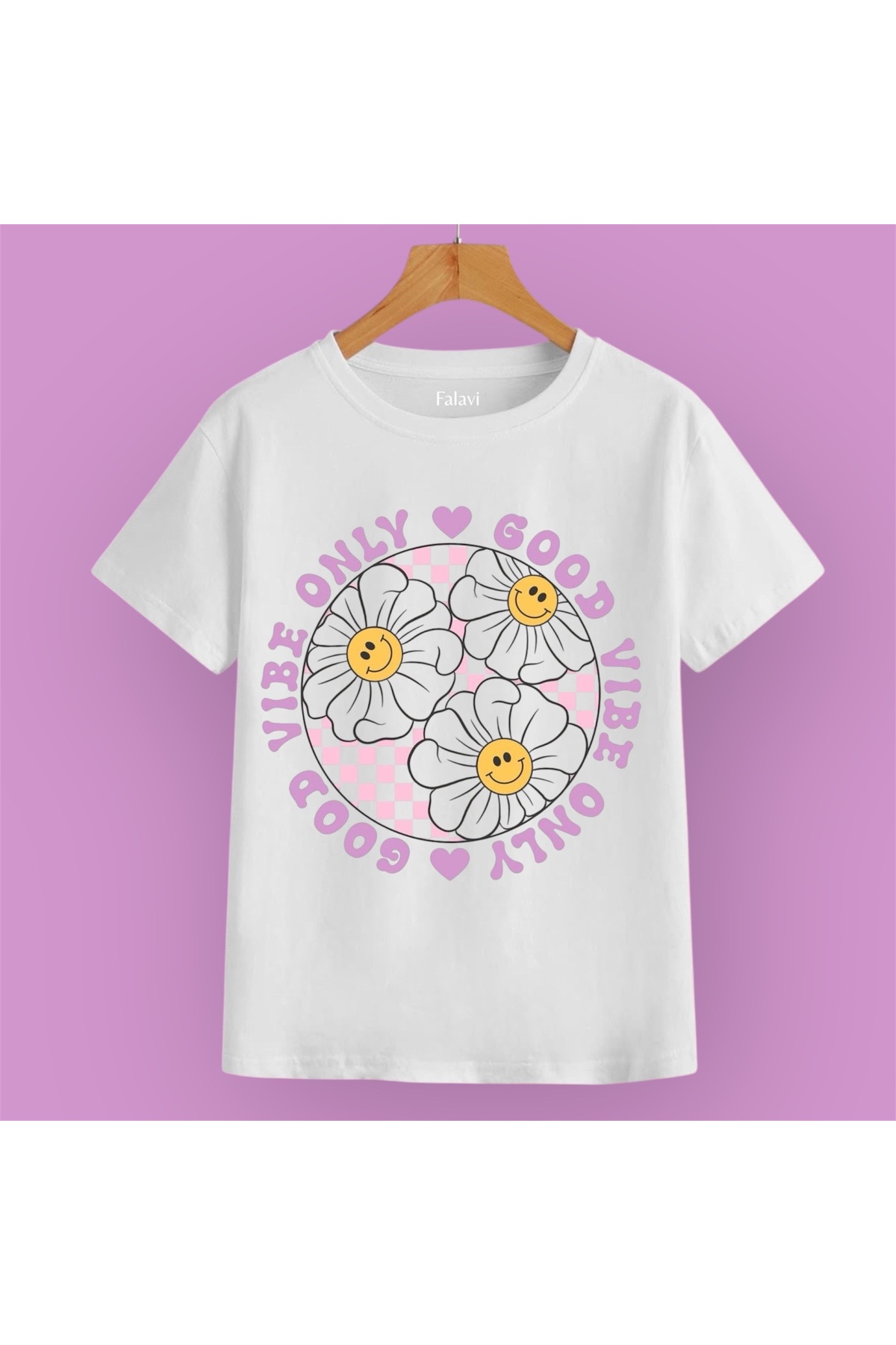 FALAVİ  Good Vibe Only Yazılı Mor Papatyalı Tişört