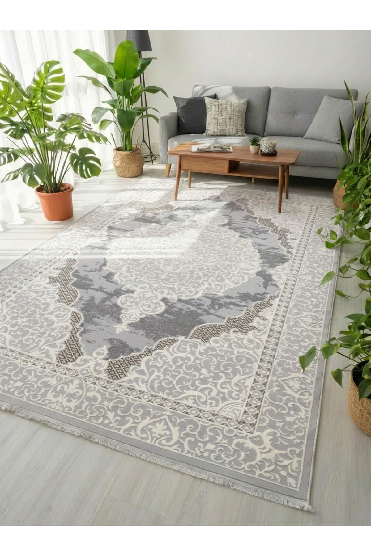 Lalezar Beige & White Color Dust Free White Woven Living Room Kitchen Living Room Rug (4m² & 6m²)