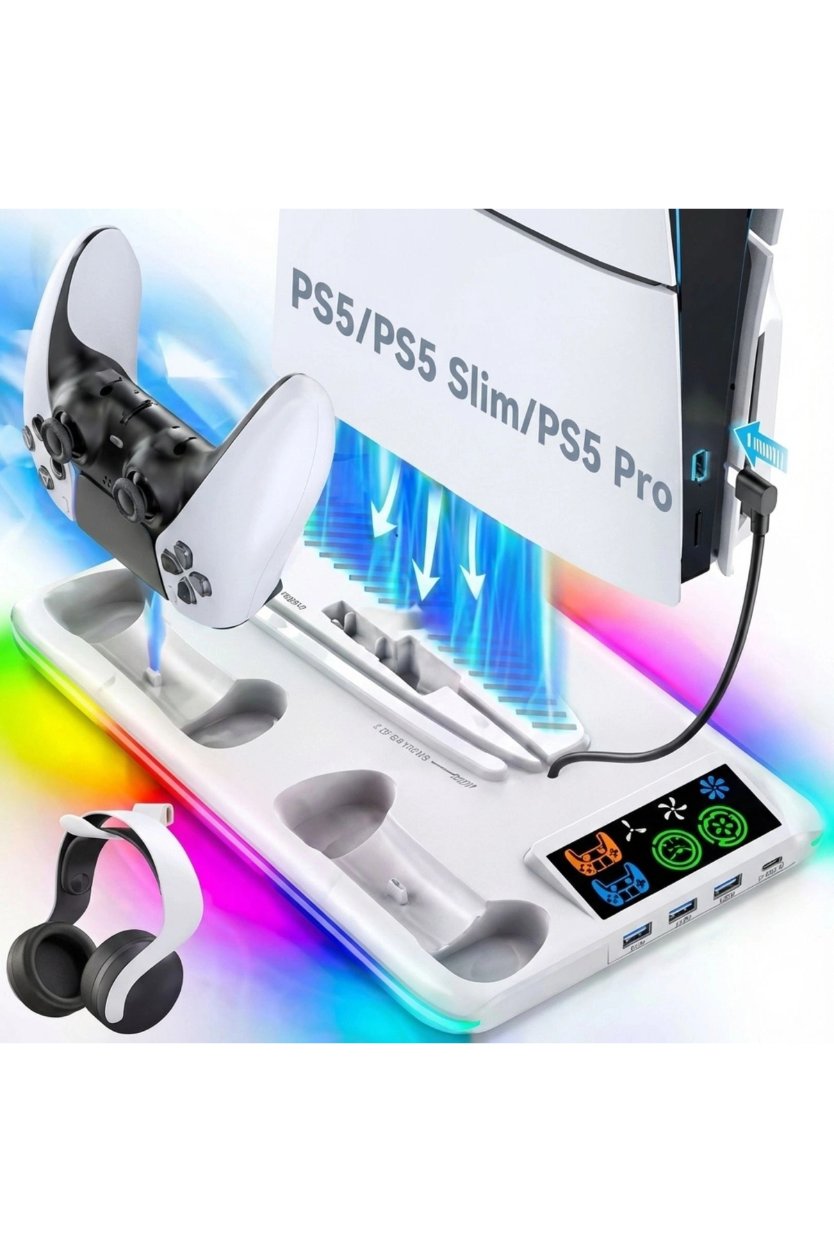 Gudli PS5 Soğutmalı Dikey Stand RGB Işıklı Dual Controller Şarj