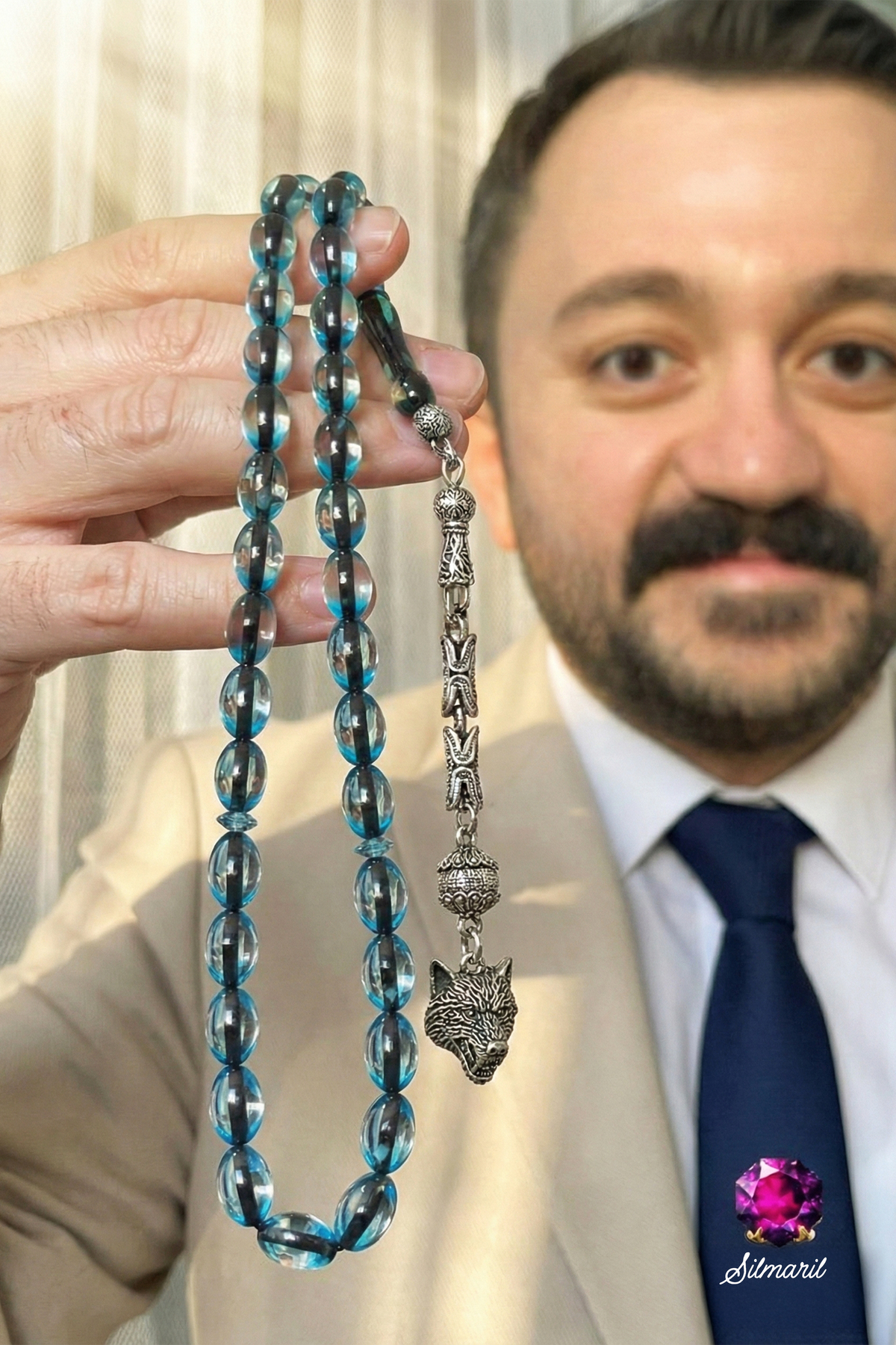 Kurt Başlı Özel Püsküllü Mavi Sürmeli Kehribar Tespih Özel Tasarım Koleksiyonluk Erkek Hediyelik