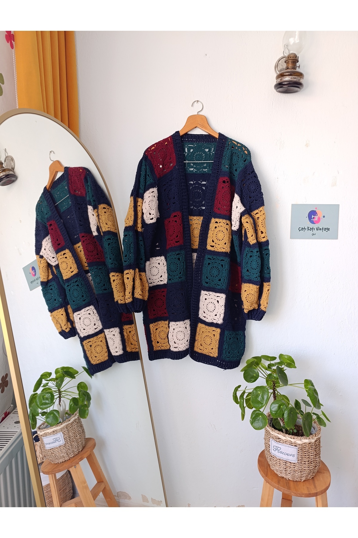 ÇATI KATI Vintage Özel Tasarım El Örgüsü Söğüt Dalı Uzun Hırka görsel 3