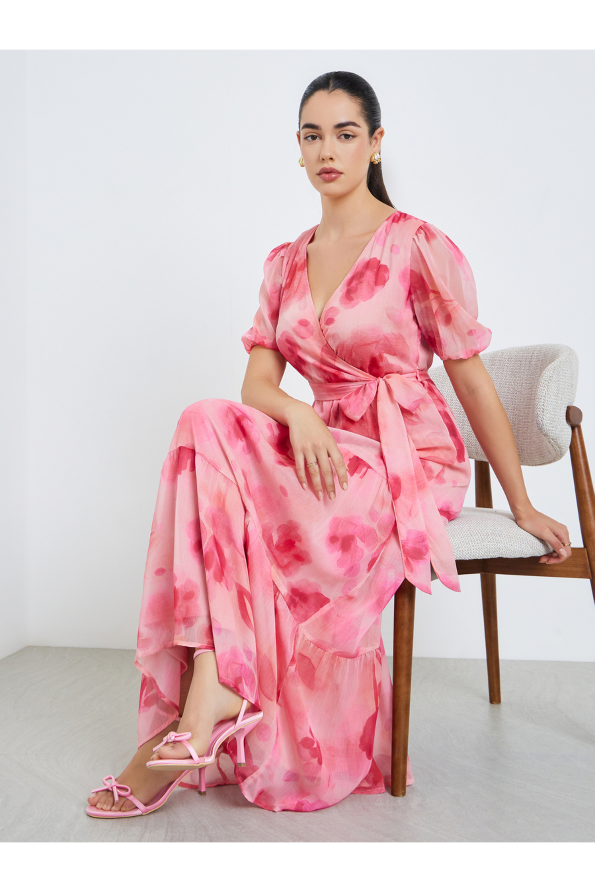 Styli Women Pink Floral Chiffon Puff Sleeve Maxi Dress