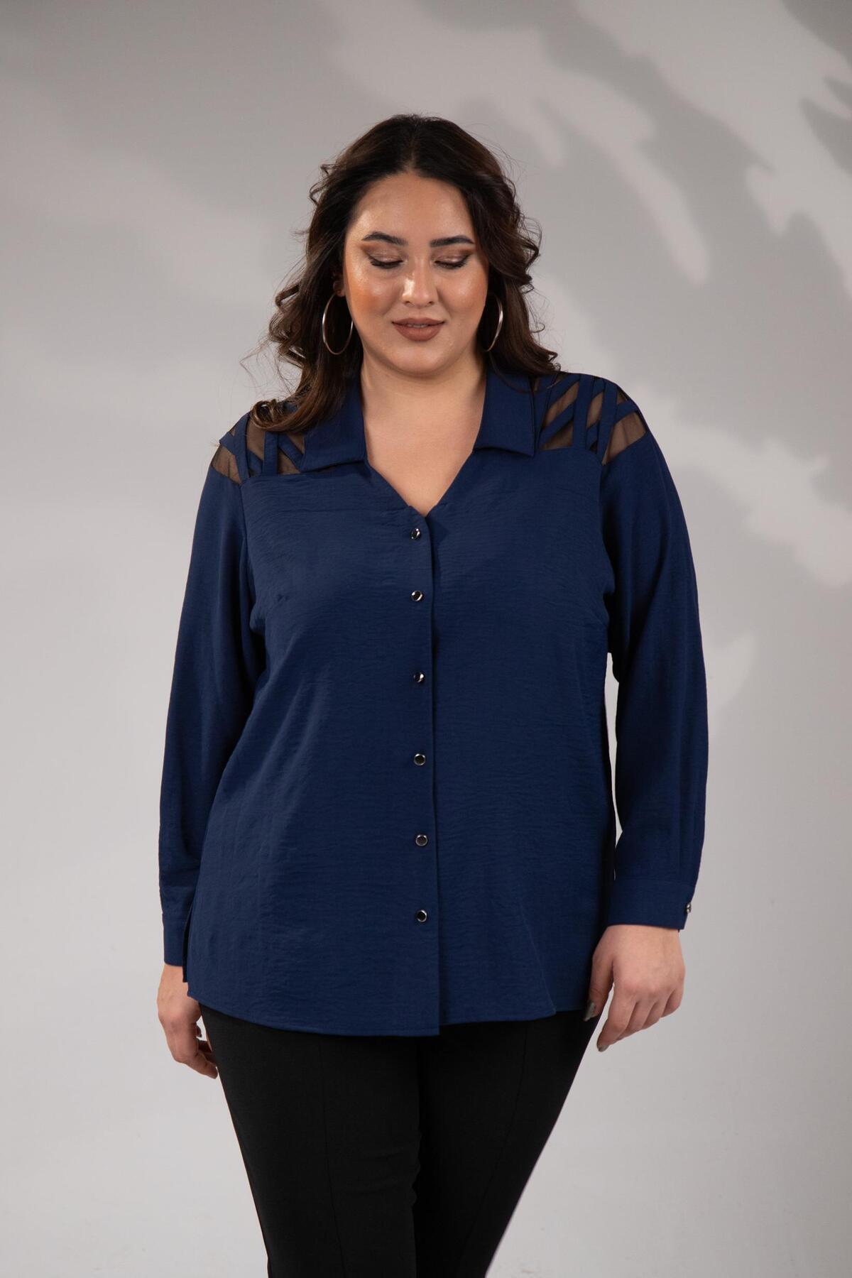 Roxxlen  Büyük Beden Kadın Omuz Detaylı Gömlek Siyah - Görsel 5