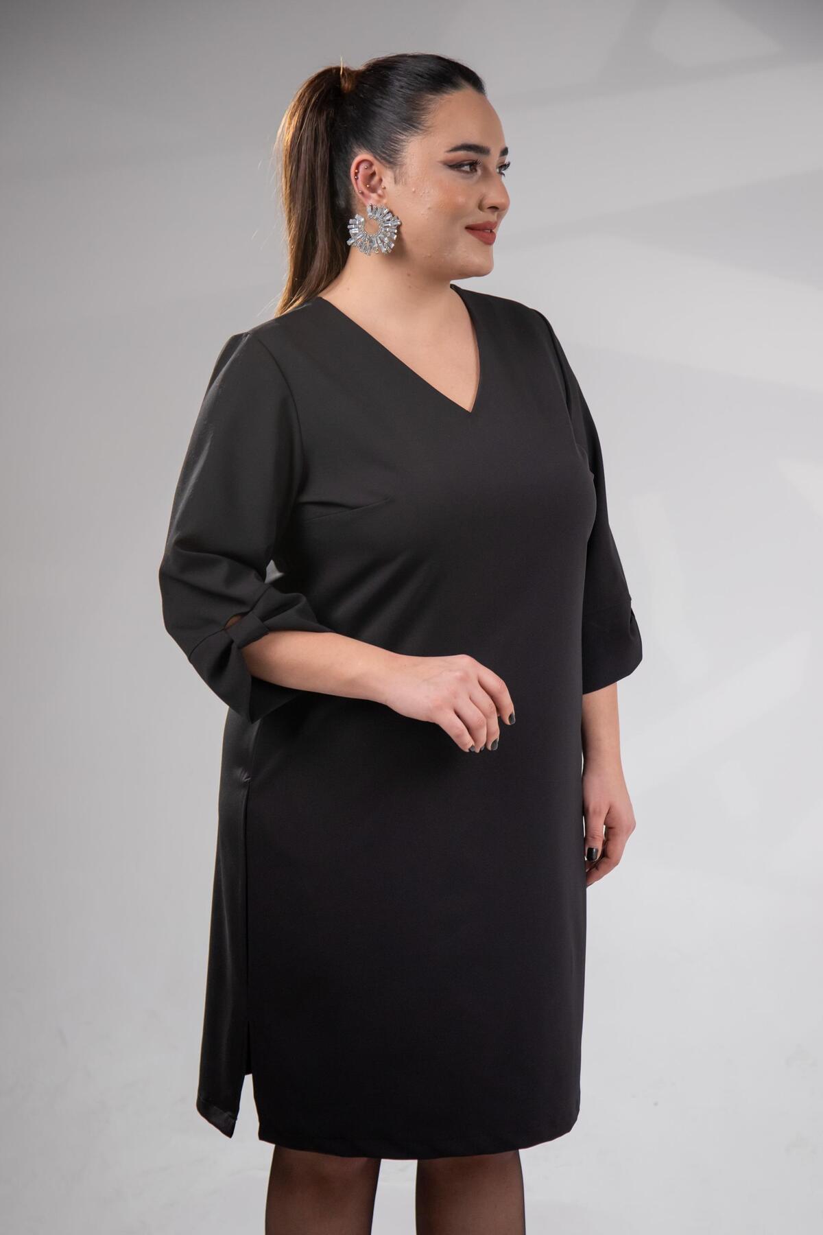 Roxxlen  Büyük Beden Kadın Kol Detaylı V Yaka Elbise Siyah - Görsel 3