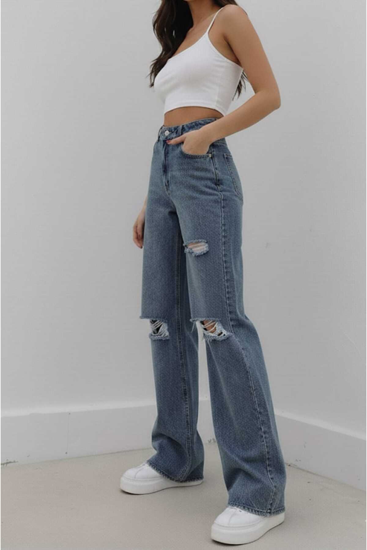 Trn JNS  Likralı Kadın Orta Mavi Kar Yıkama Yırtık Süper Yüksek Bel Salaş Paça Denim Salaş Palazzo Pantolon - Görsel 4