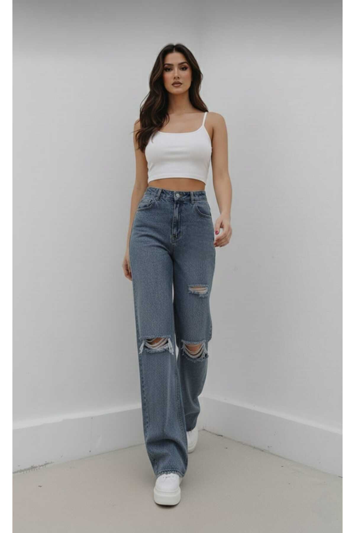 Trn JNS  Likralı Kadın Orta Mavi Kar Yıkama Yırtık Süper Yüksek Bel Salaş Paça Denim Salaş Palazzo Pantolon - Görsel 2