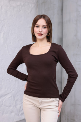 hies Kadın Taş Geniş Yaka Kaşkorse Basic Uzun Kollu Bluz Yeni Sezon