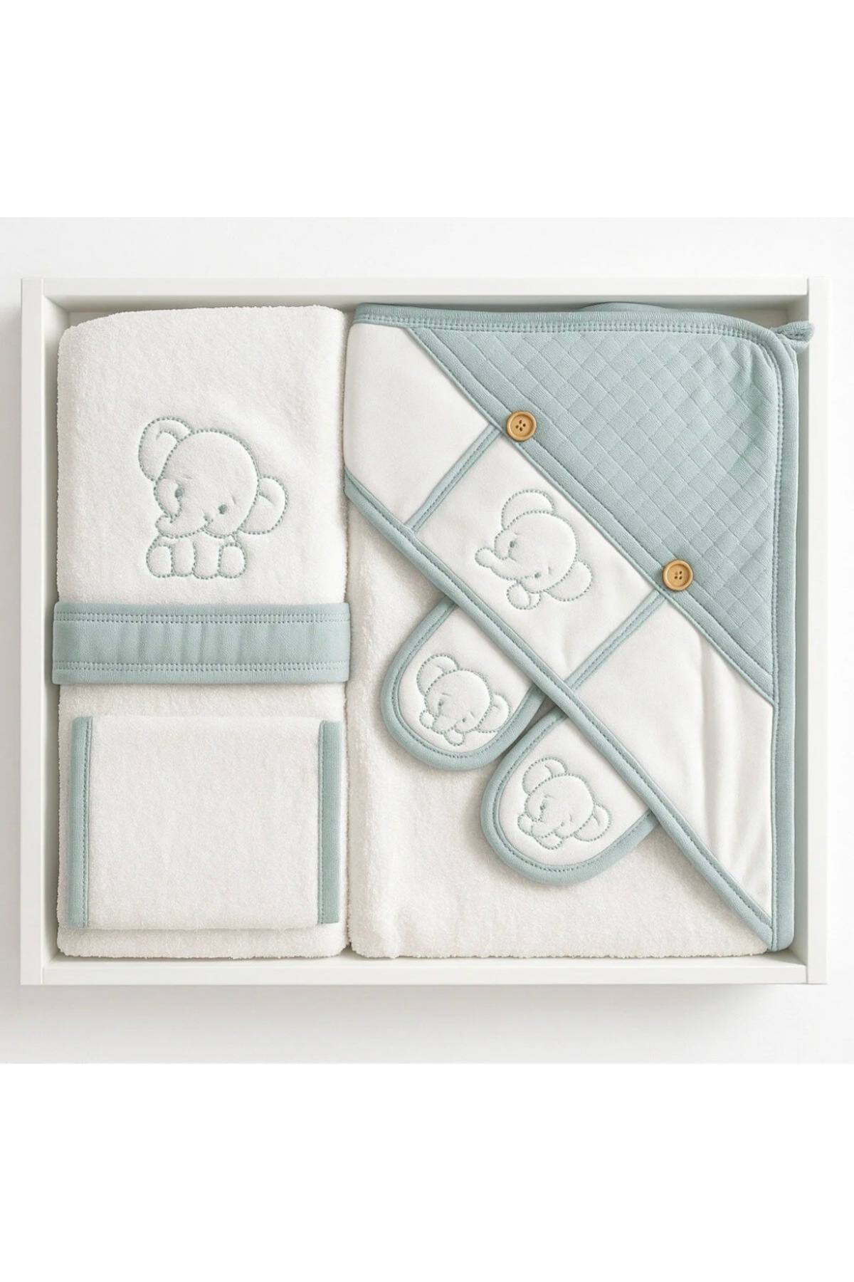 4-Piece Baby Set Elephant Embroidered Bathrobe Towel Bootees – 100% Cotton