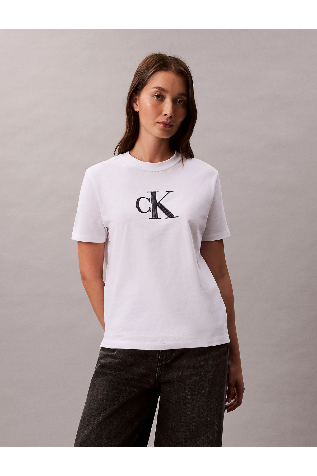 Calvin Klein Dżinsowa koszulka damska z okrągłym dekoltem, biała, z nadrukiem...