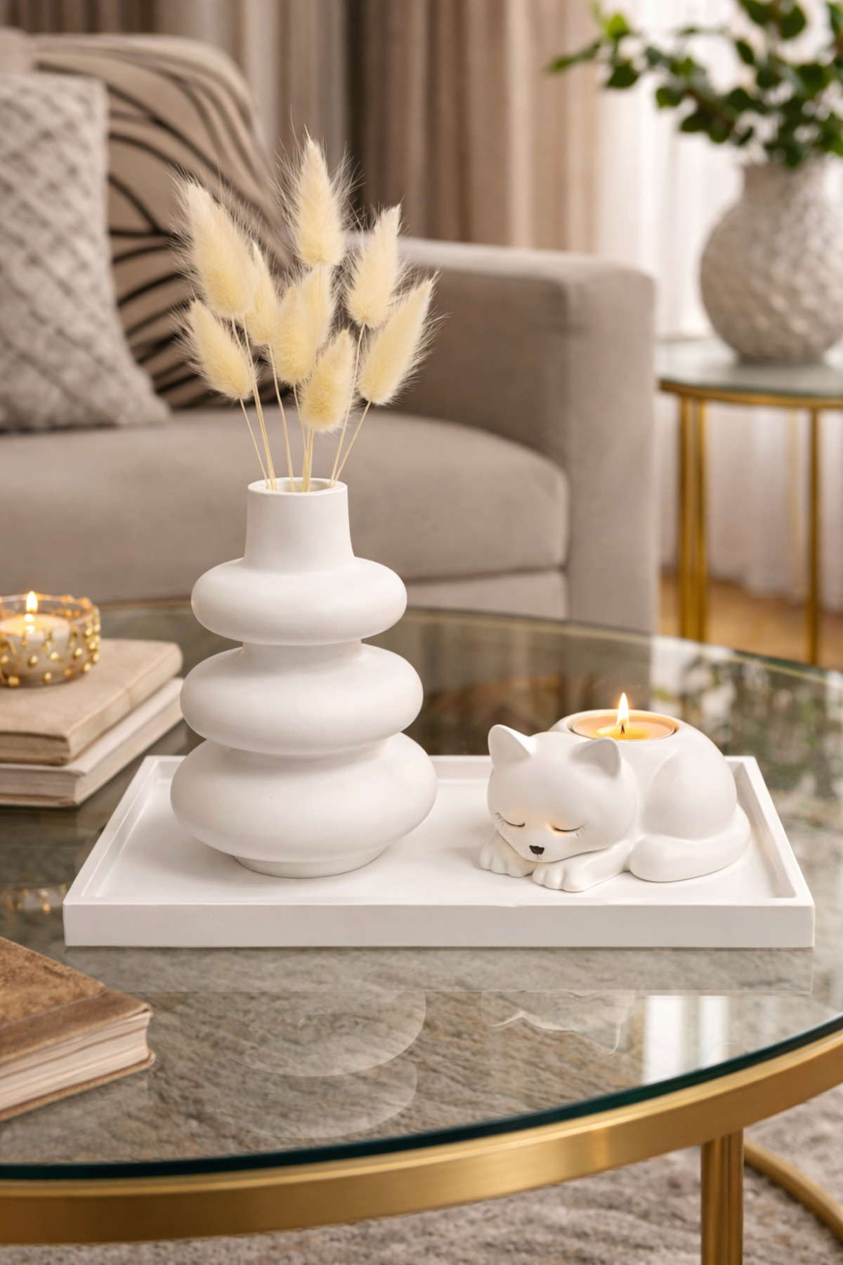 YASMELLA HOME Dalgalı Vazo + Kedi Mumluk + Düz Sunum Tepsisi (Mum