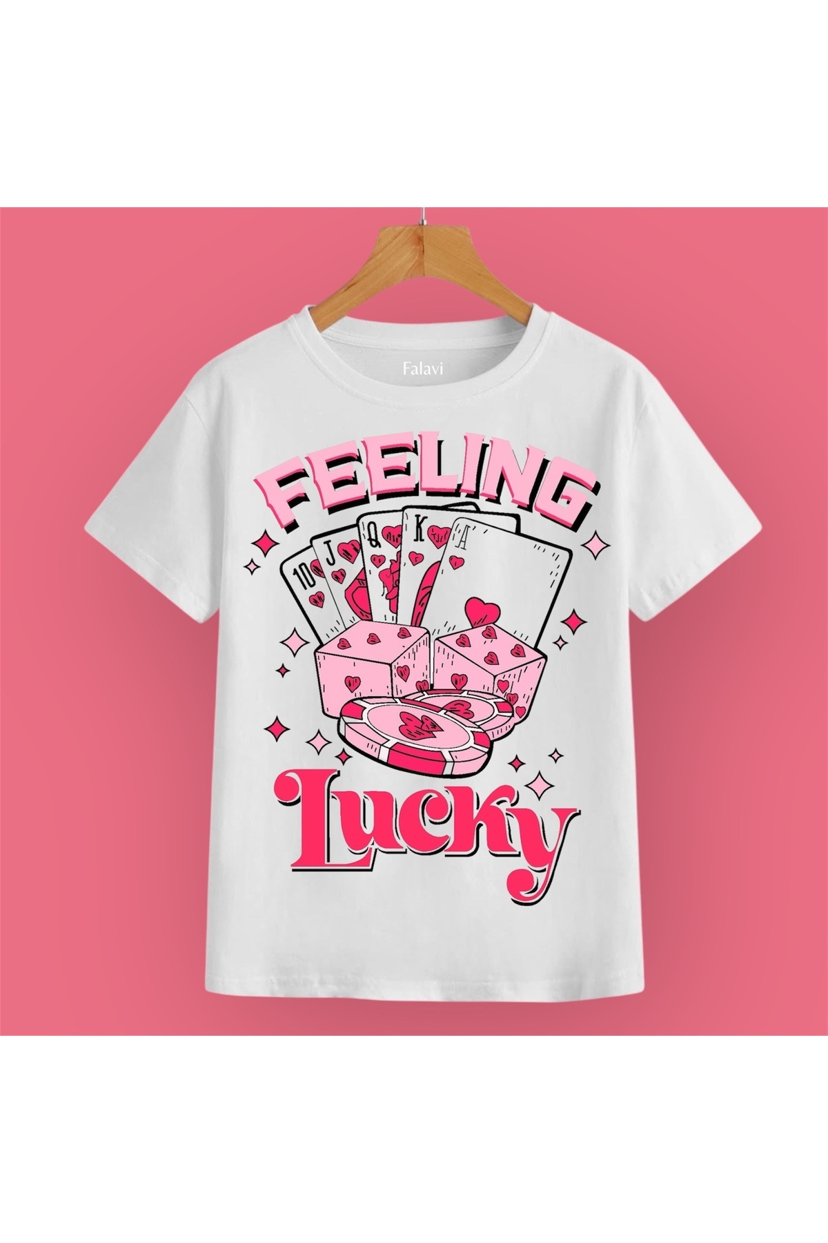FALAVİ  Feeling Lucky Yazılı Pembe Tişört