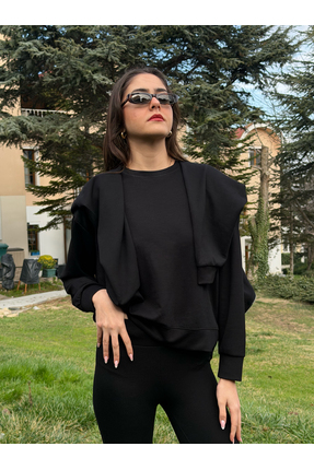 olleo studio Kadın Siyah Modal Kumaş Yumuşak Tuşe Sweatshirt